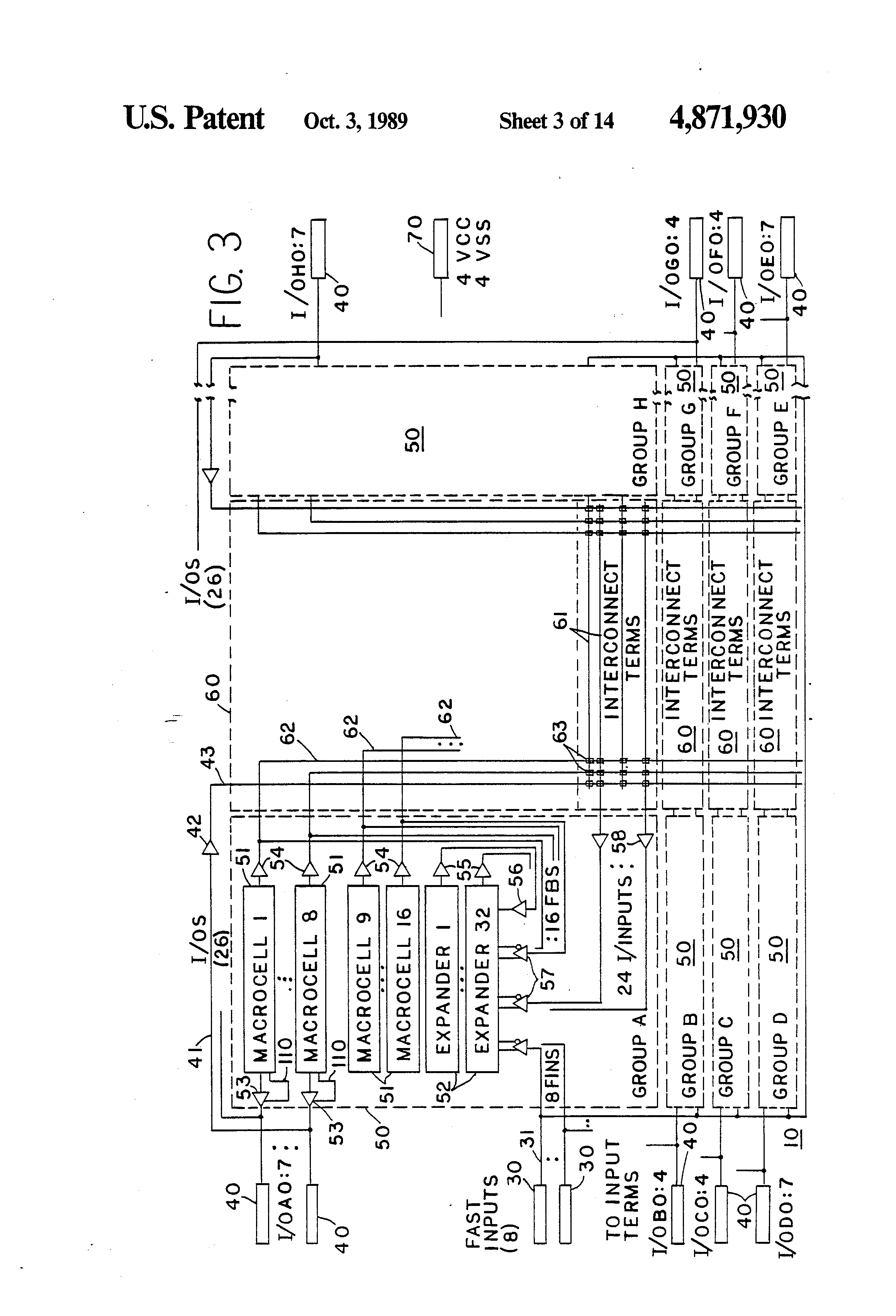 Patent drawing from US 4,871,930, Programmable logic device with array blocks connected via programmable interconnect, granted in 1989