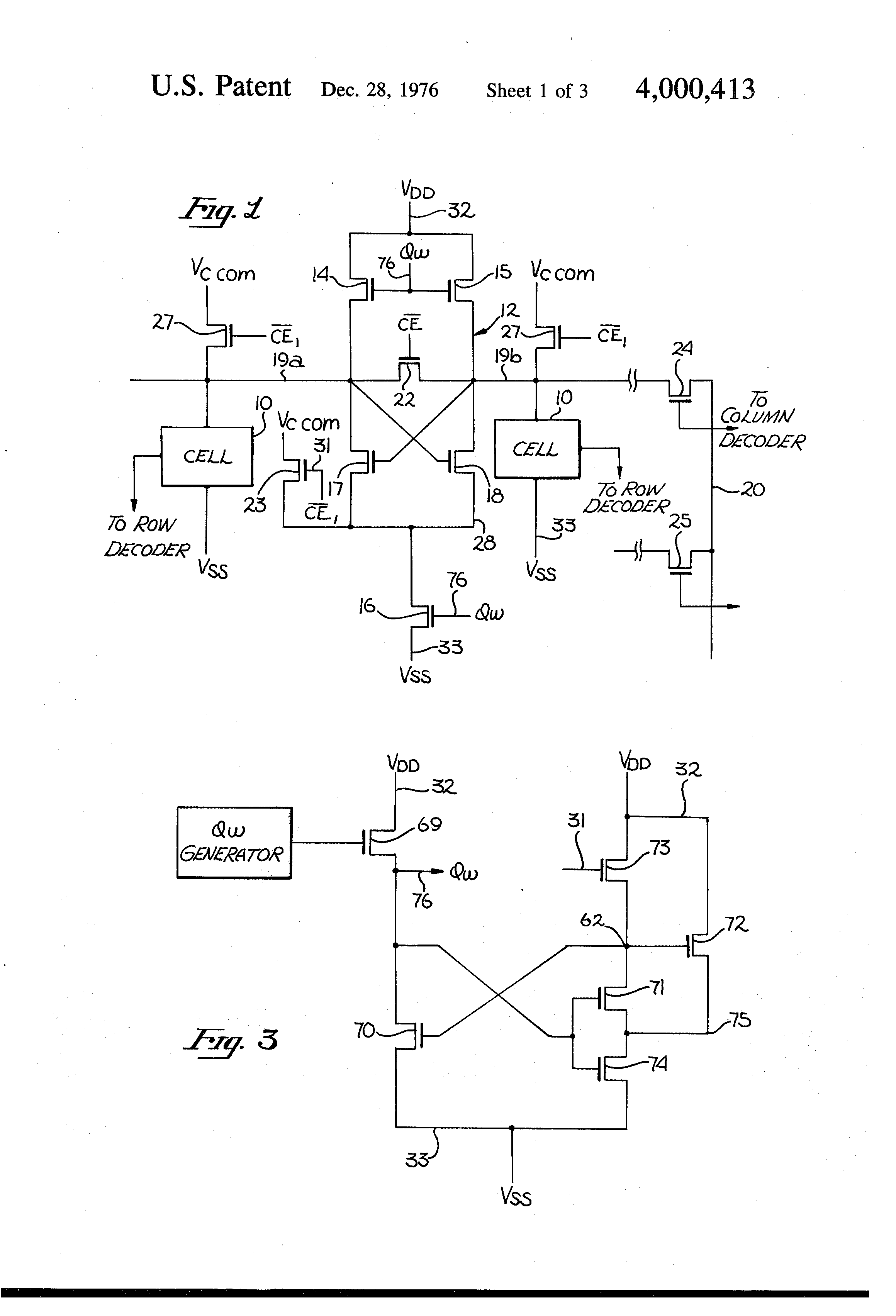 Patent drawing from US 4,000,413, MOS-RAM