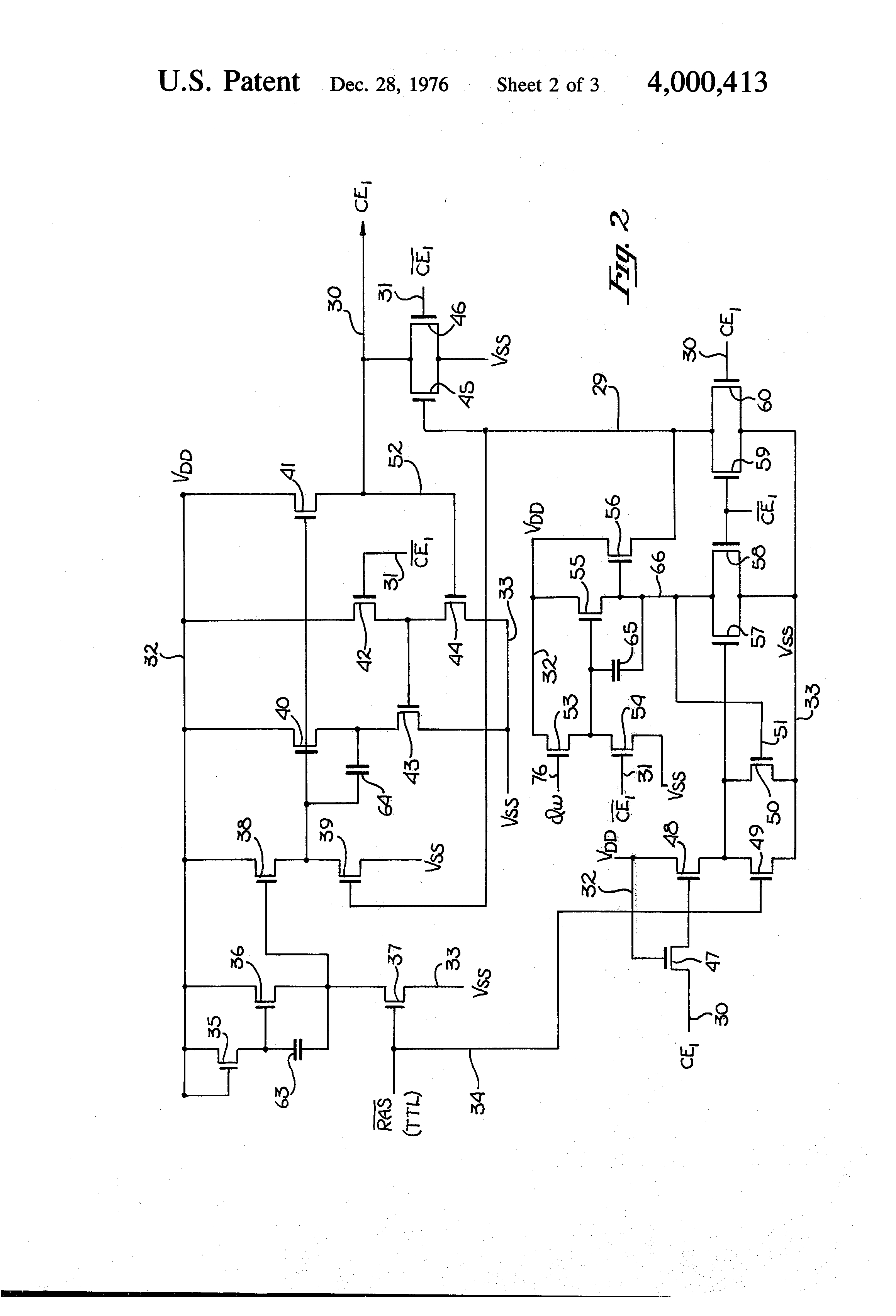 Patent drawing from US 4,000,413, MOS-RAM