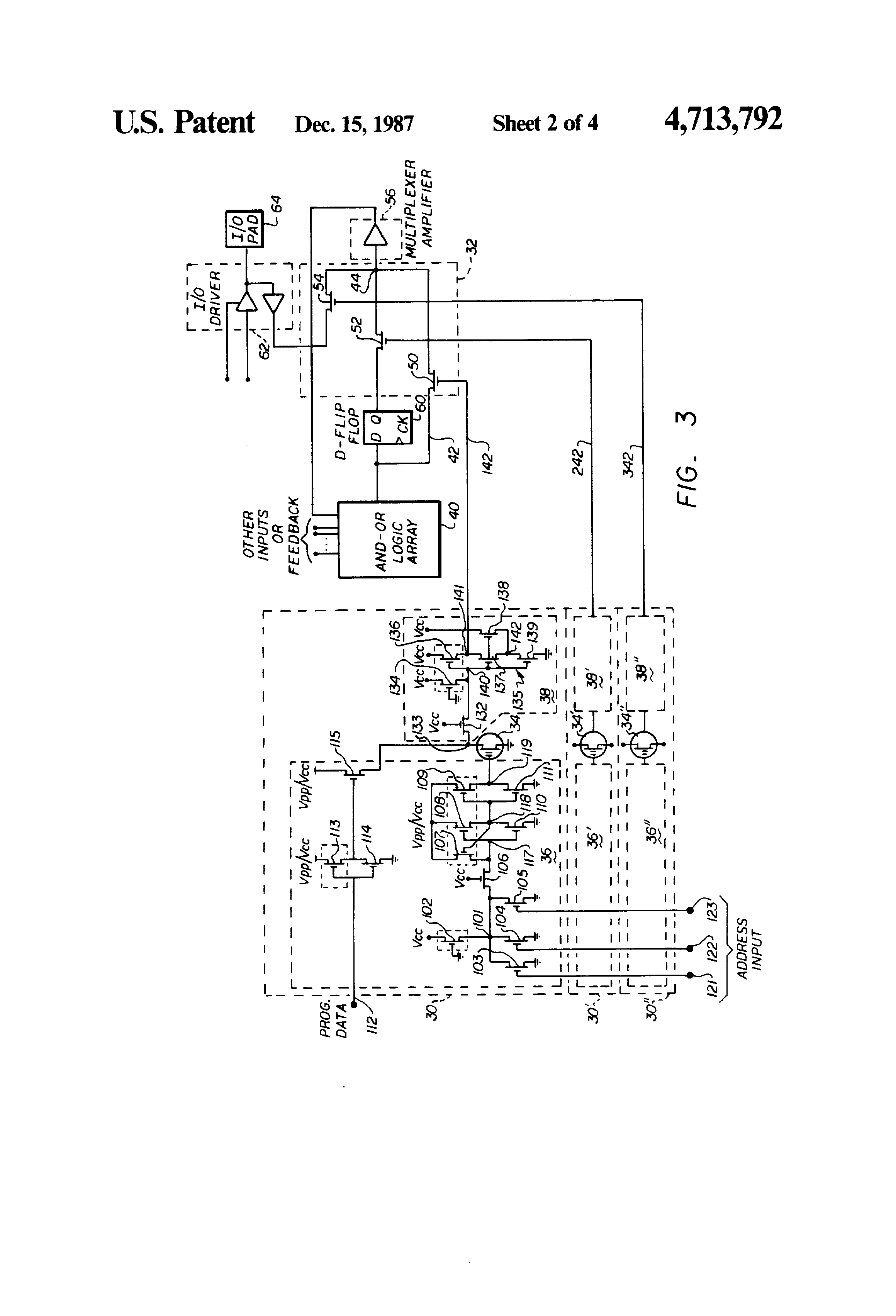 Patent drawing from US 4,713,792, Programmable macrocell using EPROM or EEPROM transistors for architecture control in programmable logic circuits