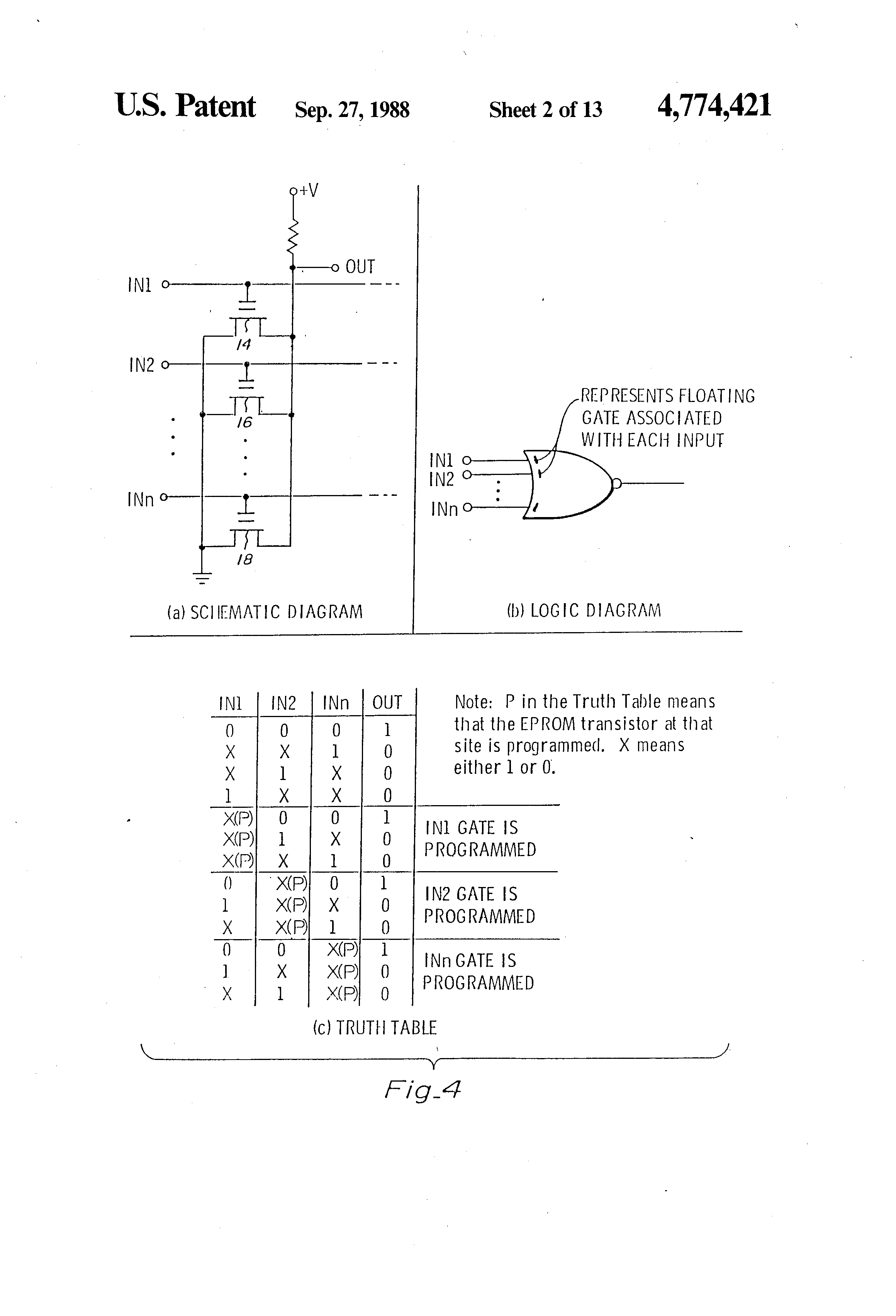 Patent drawing from US 4,774,421, Programmable logic array device using EPROM technology