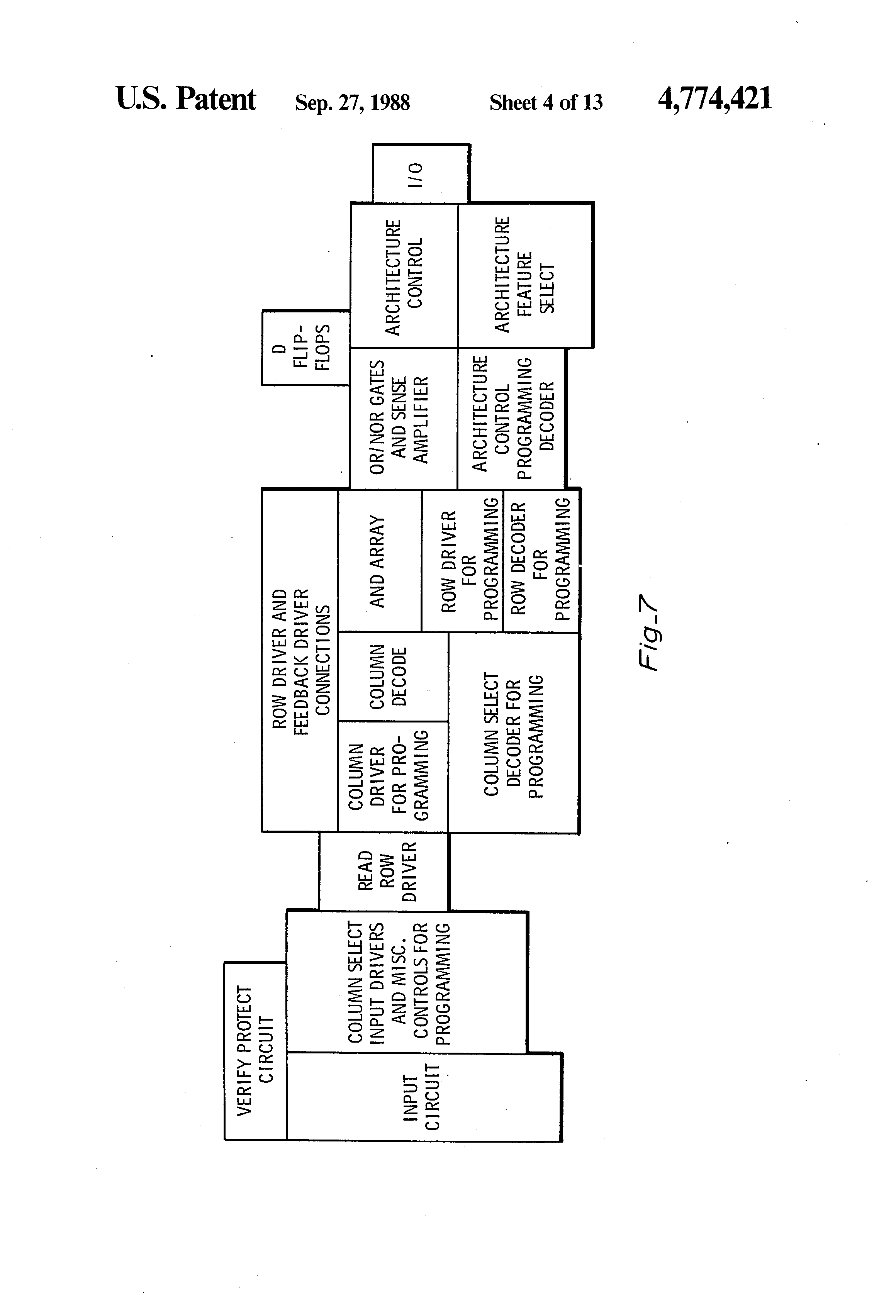 Patent drawing from US 4,774,421, Programmable logic array device using EPROM technology