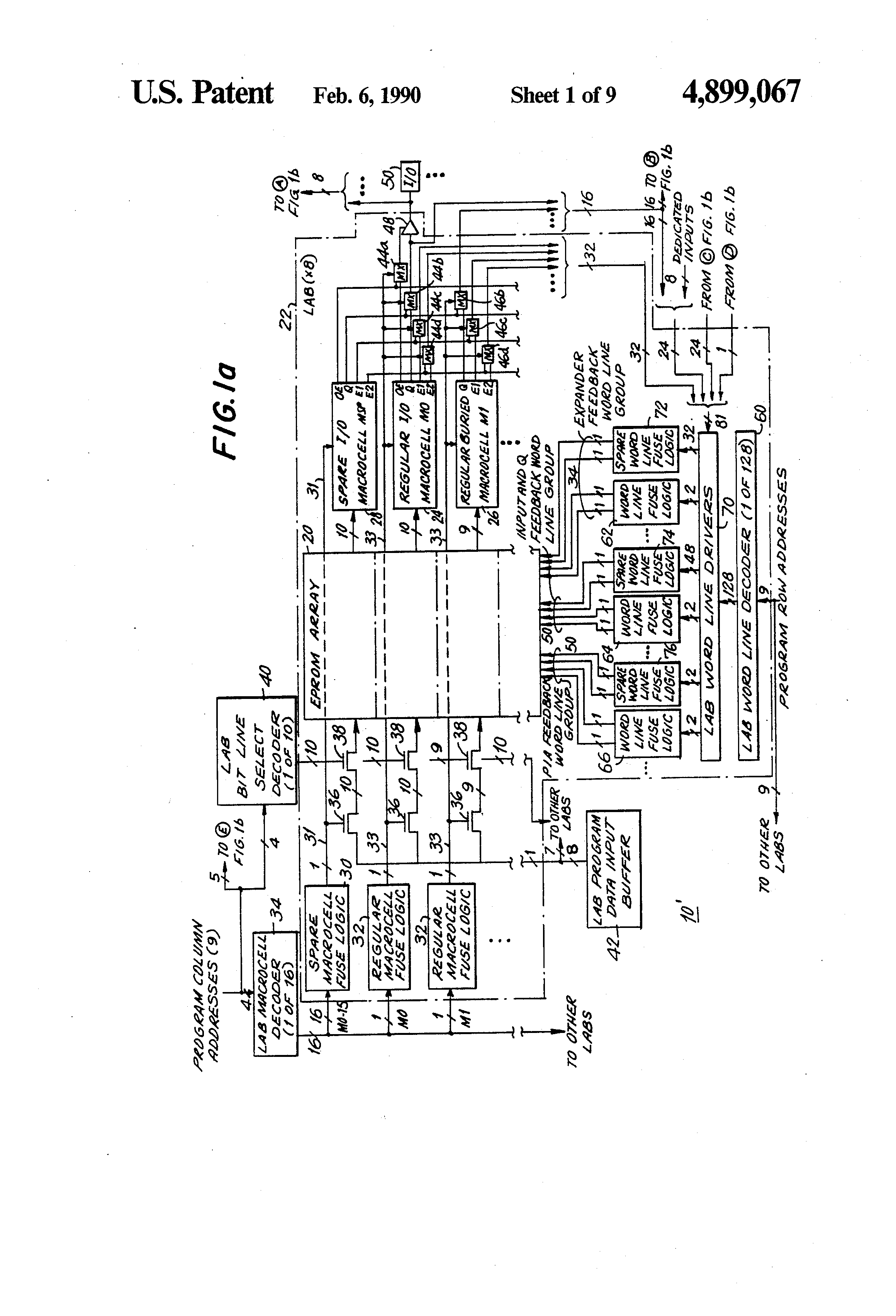 Patent drawing from US 4,899,067, Programmable logic devices with spare circuits for use in replacing defective circuits
