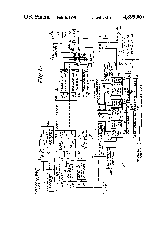 Patent drawing from US 4,899,067, Programmable logic devices with spare circuits for use in replacing defective circuits