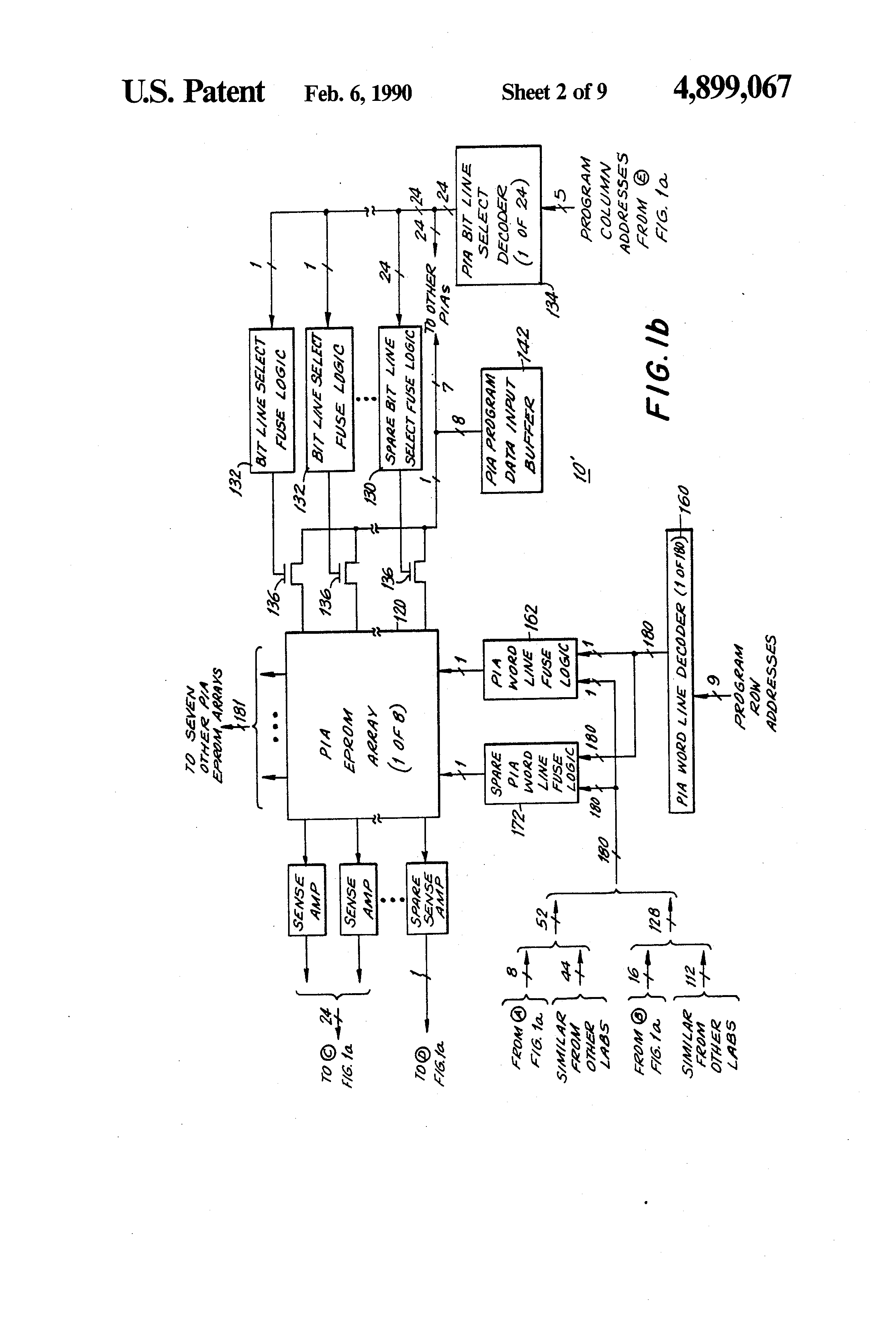 Patent drawing from US 4,899,067, Programmable logic devices with spare circuits for use in replacing defective circuits