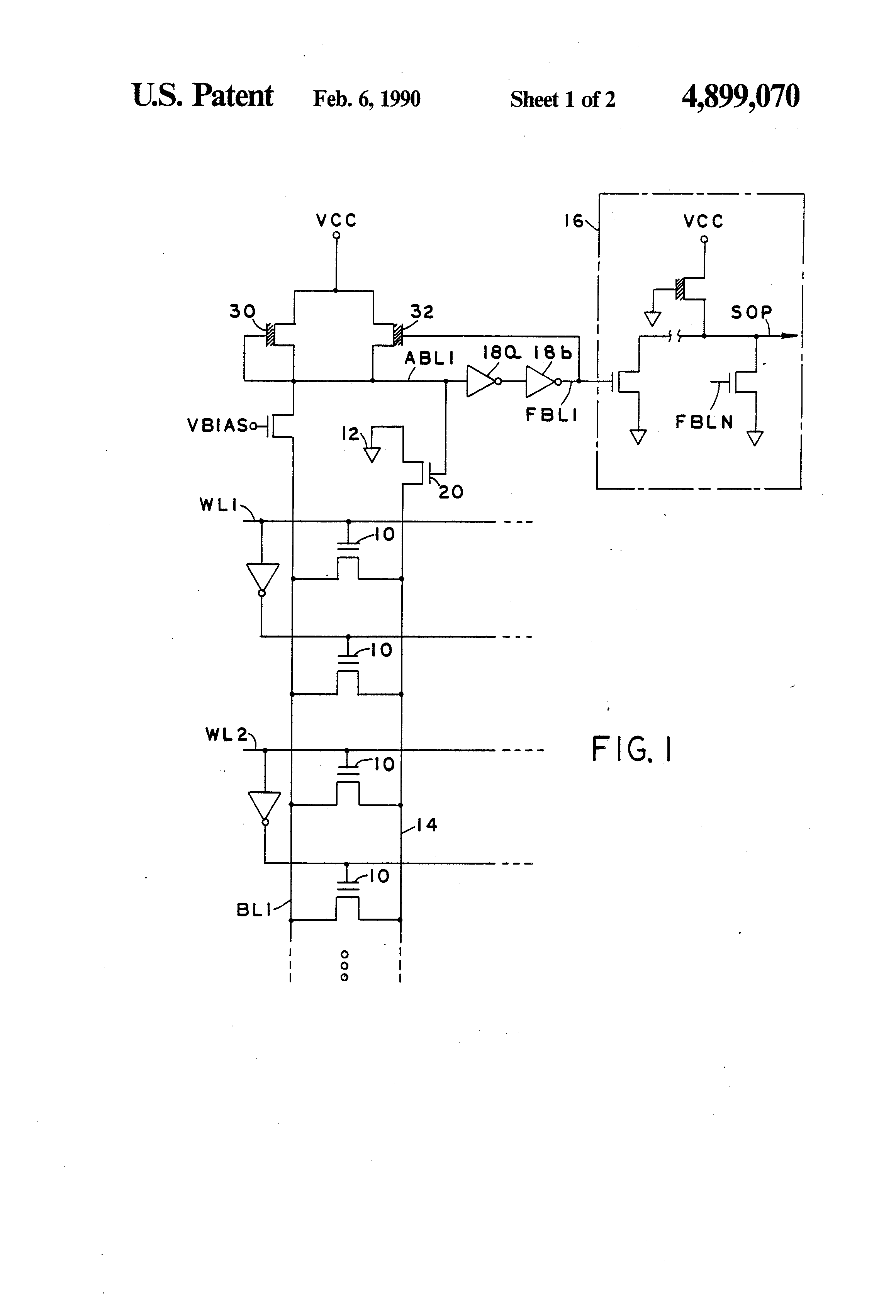 Patent drawing from US 4,899,070, Bit line sense amplifier for programmable logic devices