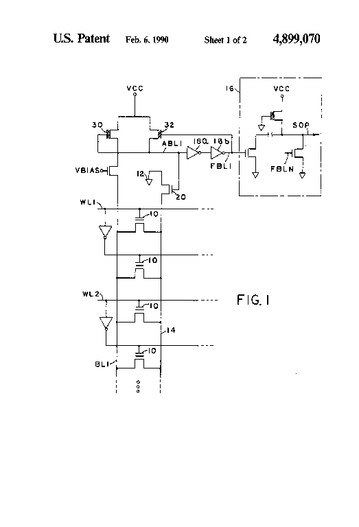 Patent drawing from US 4,899,070, Bit line sense amplifier for programmable logic devices