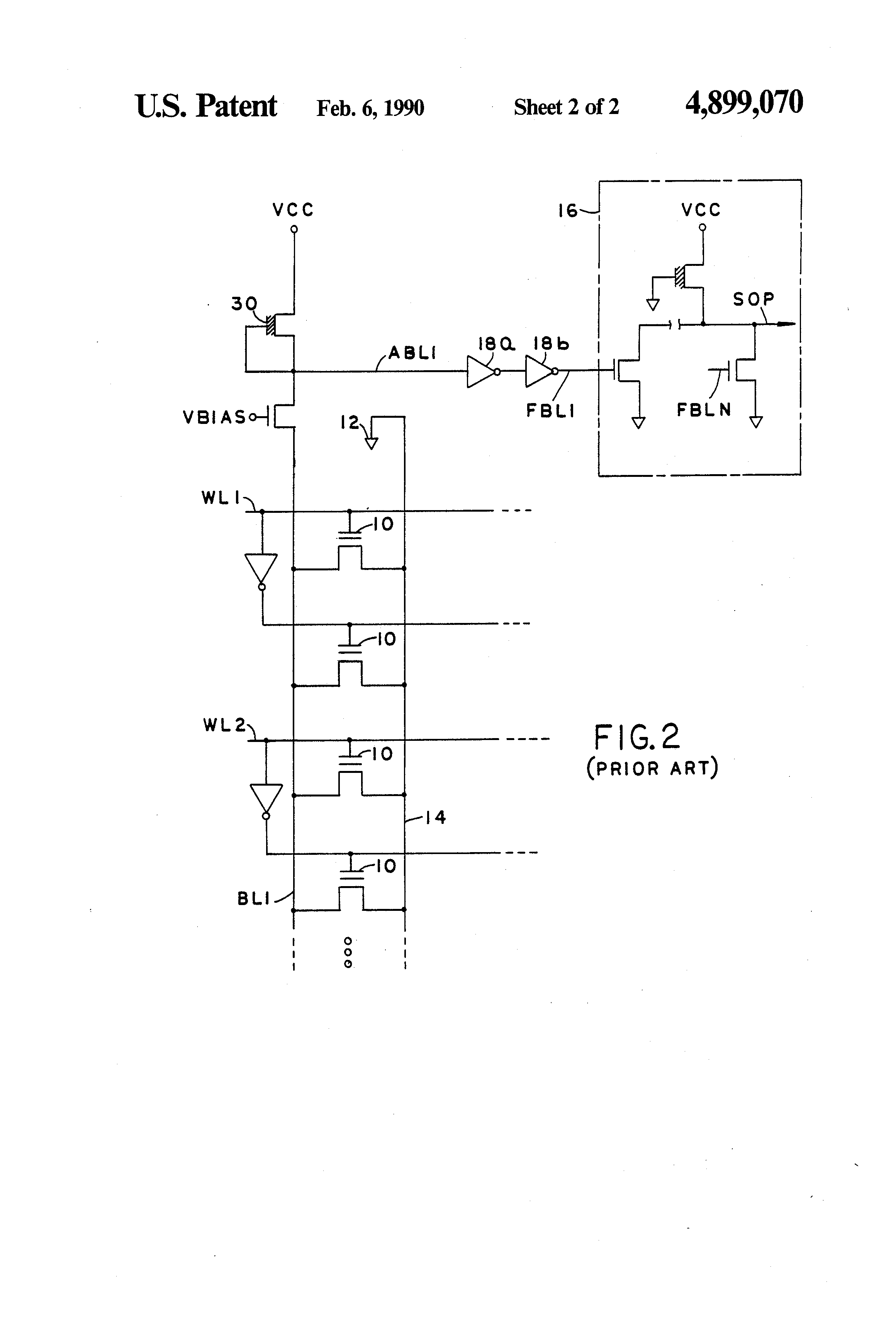 Patent drawing from US 4,899,070, Bit line sense amplifier for programmable logic devices