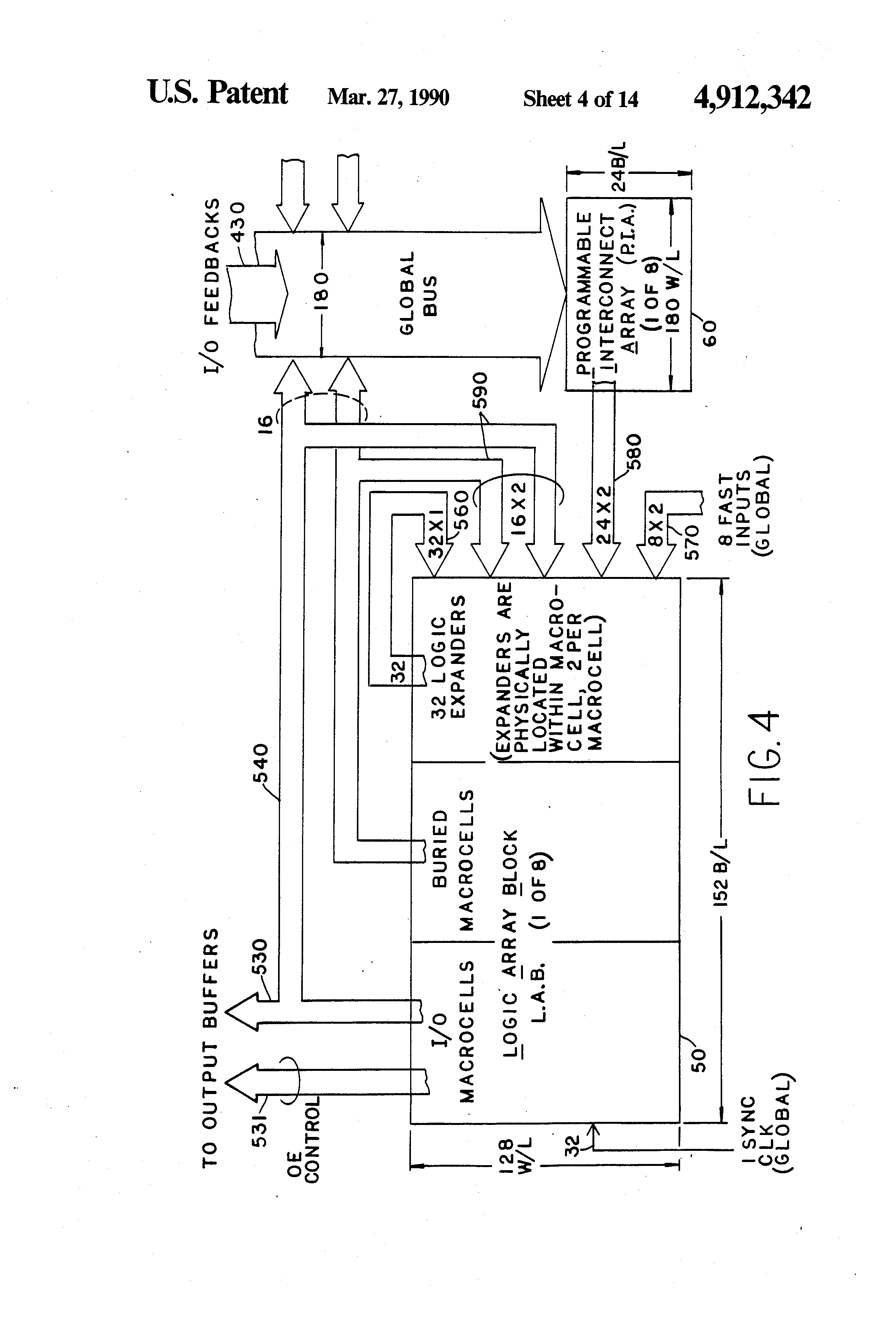 Patent drawing from US 4,912,342, Programmable logic device with array blocks with programmable clocking