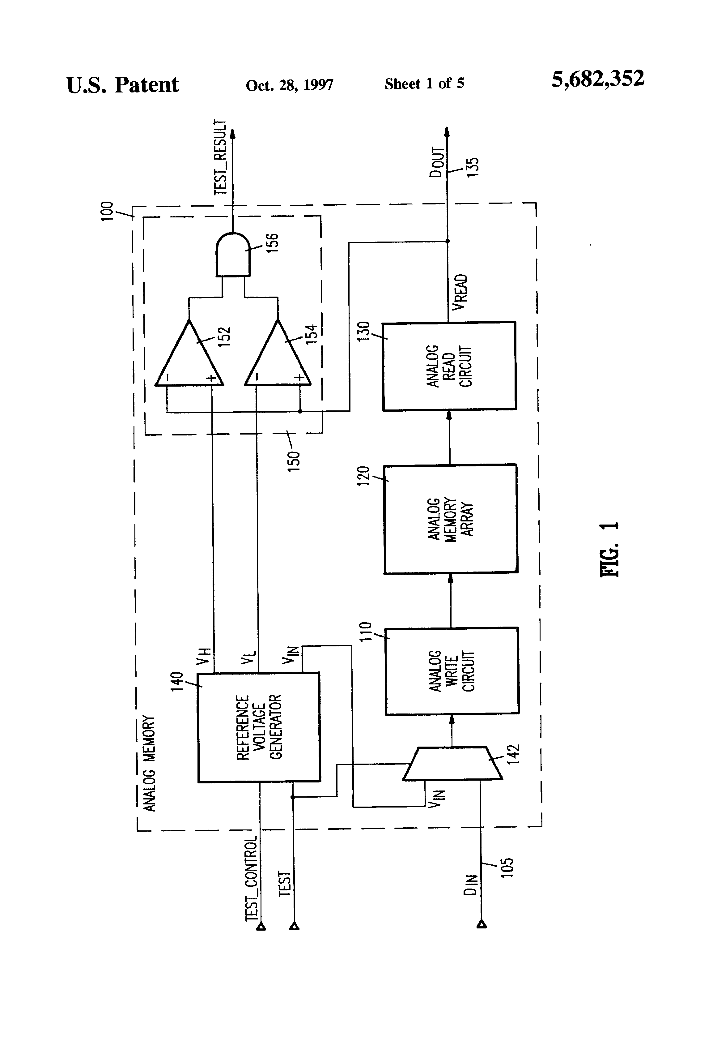 Patent drawing from US 5,682,352, Digital testing of analog memory devices