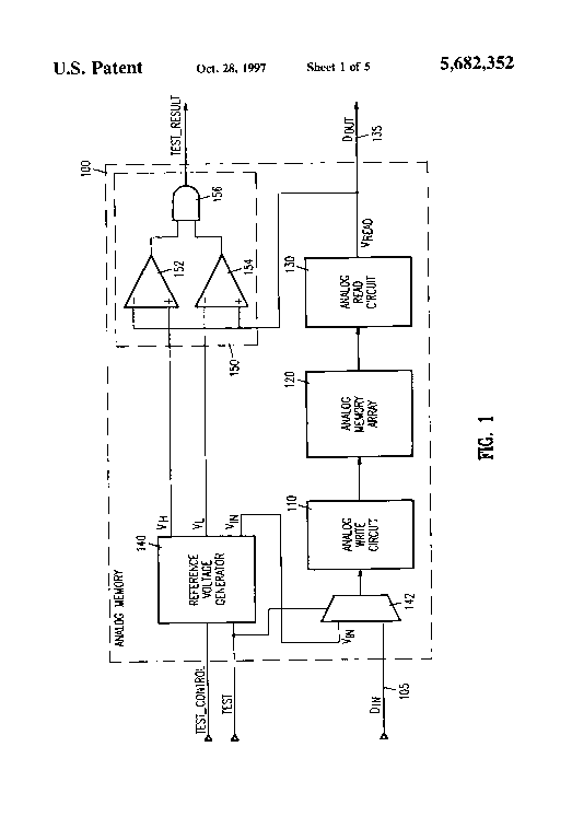 Patent drawing from US 5,682,352, Digital testing of analog memory devices