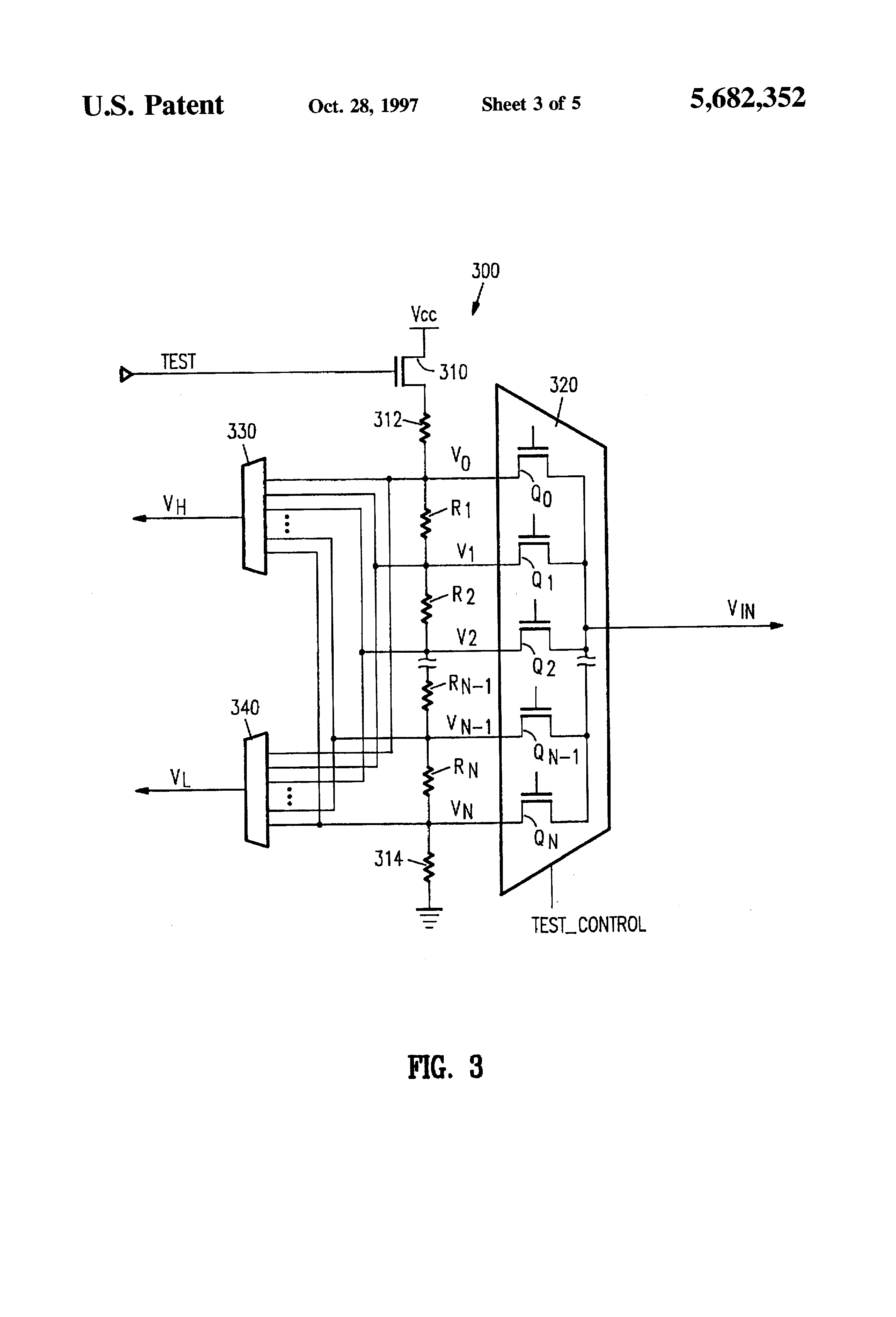Patent drawing from US 5,682,352, Digital testing of analog memory devices