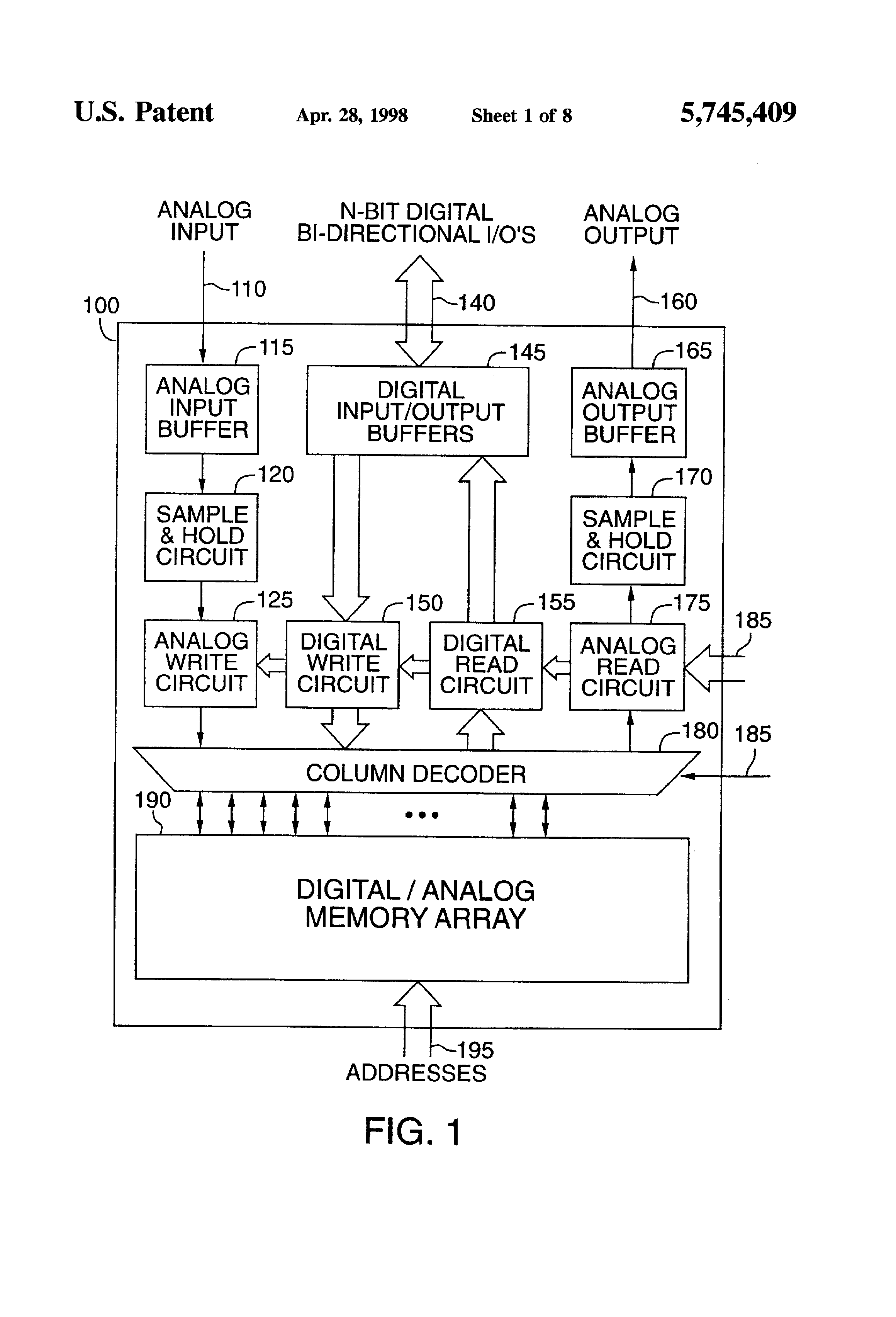 Patent drawing from US 5,745,409, Non-volatile memory with analog and digital interface and storage