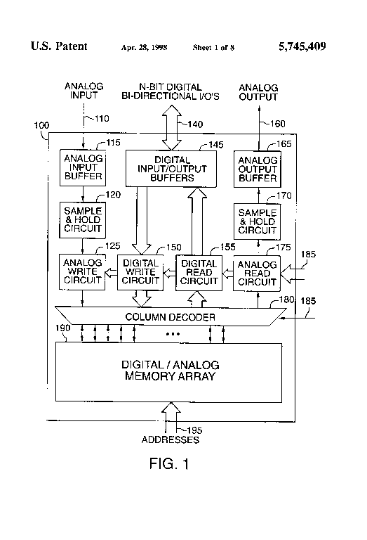 Patent drawing from US 5,745,409, Non-volatile memory with analog and digital interface and storage