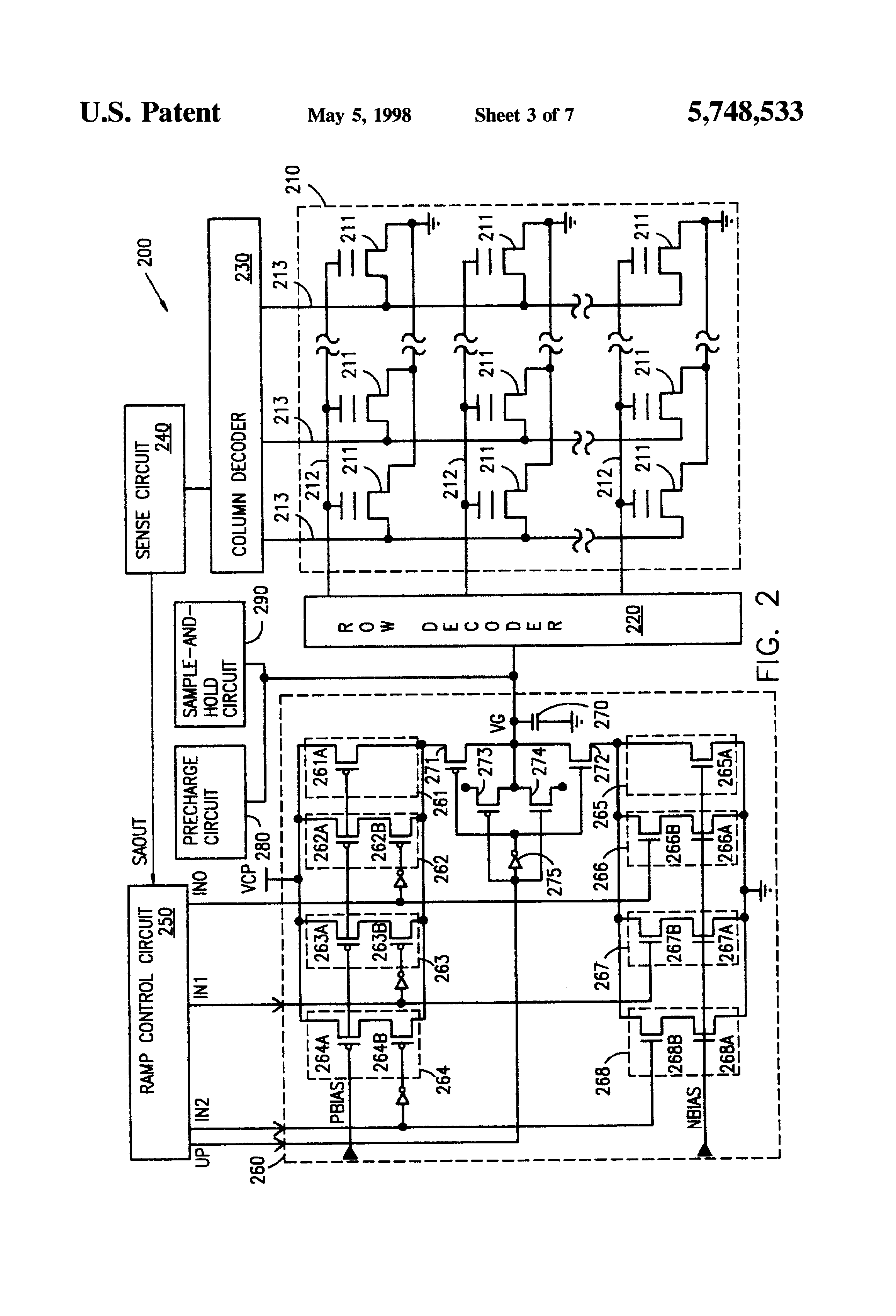 Patent drawing from US 5,748,533, Read circuit which uses a coarse-to-fine search when reading the threshold voltage of a memory cell