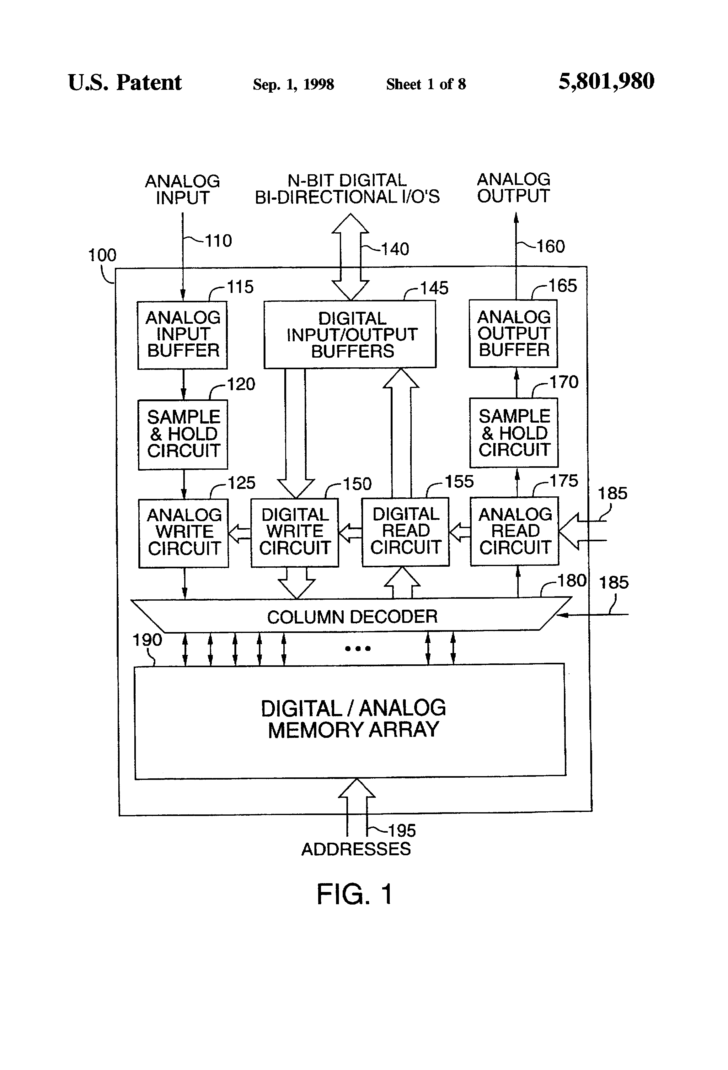 Patent drawing from US 5,801,980, Testing of an analog memory using an on-chip digital input/output interface