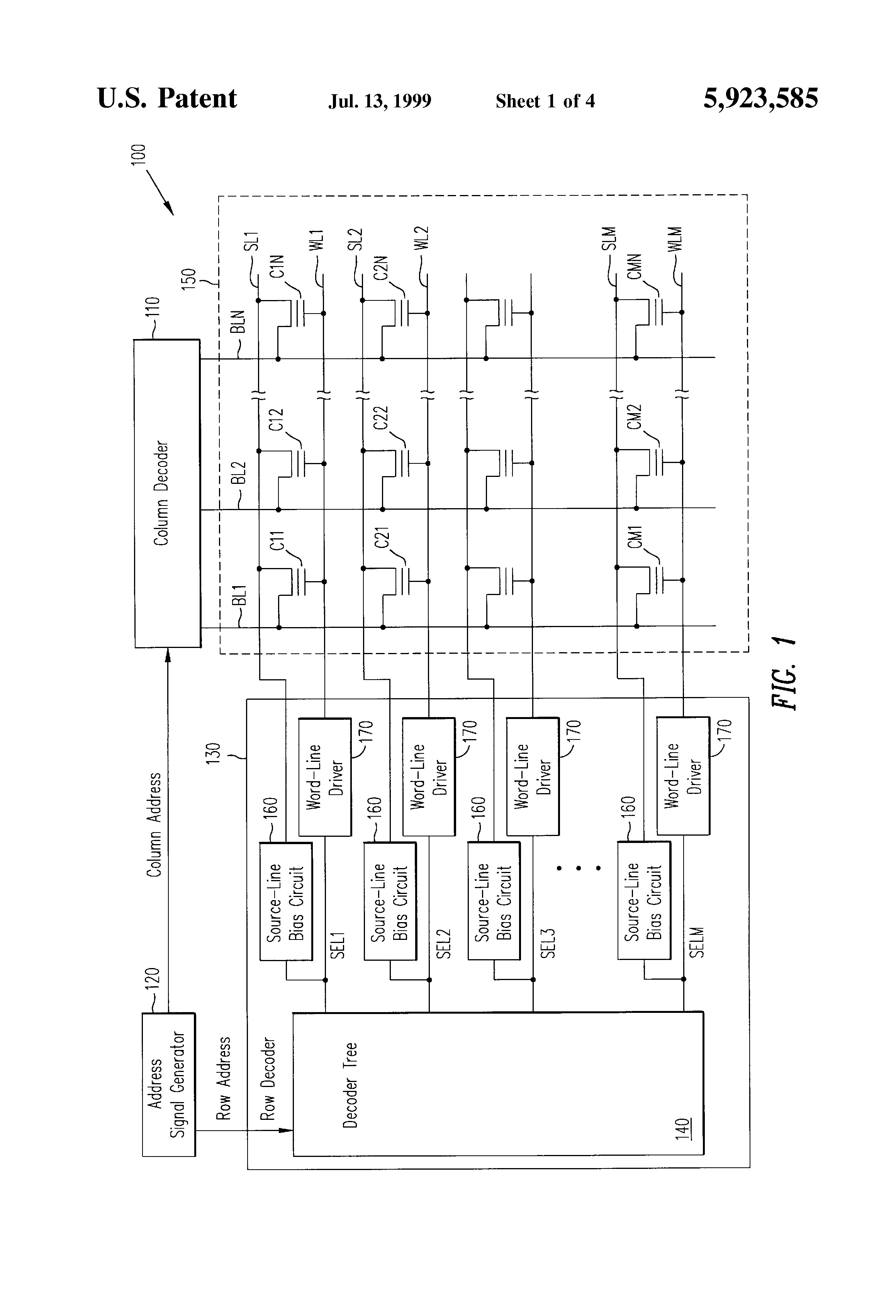 Patent drawing from US 5,923,585, Source biasing in non-volatile memory having row-based sectors