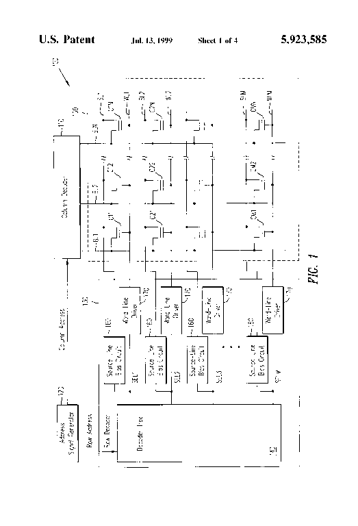 Patent drawing from US 5,923,585, Source biasing in non-volatile memory having row-based sectors