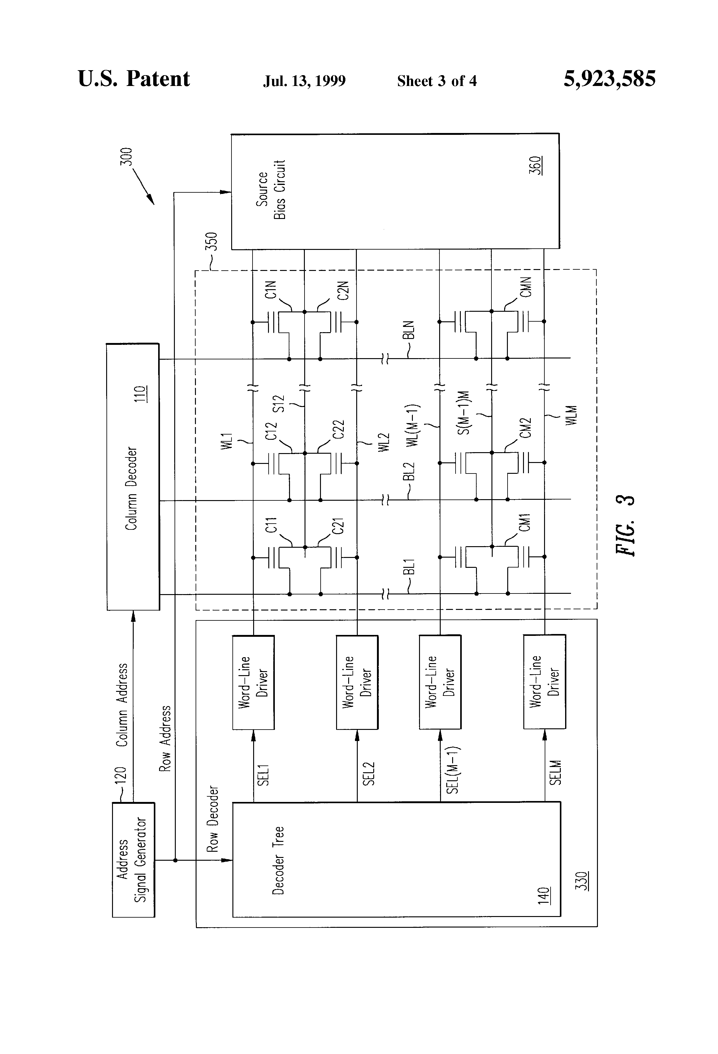 Patent drawing from US 5,923,585, Source biasing in non-volatile memory having row-based sectors