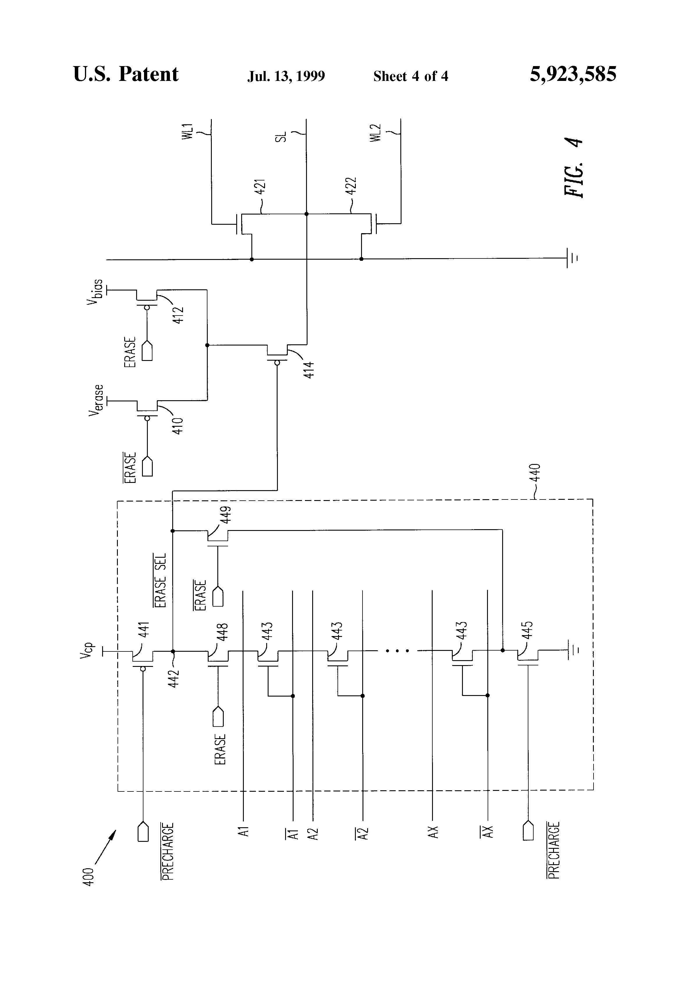 Patent drawing from US 5,923,585, Source biasing in non-volatile memory having row-based sectors