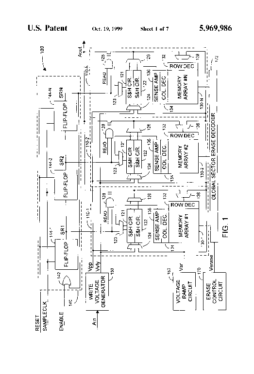 Patent drawing from US 5,969,986, High-bandwidth read and write architectures for non-volatile memories