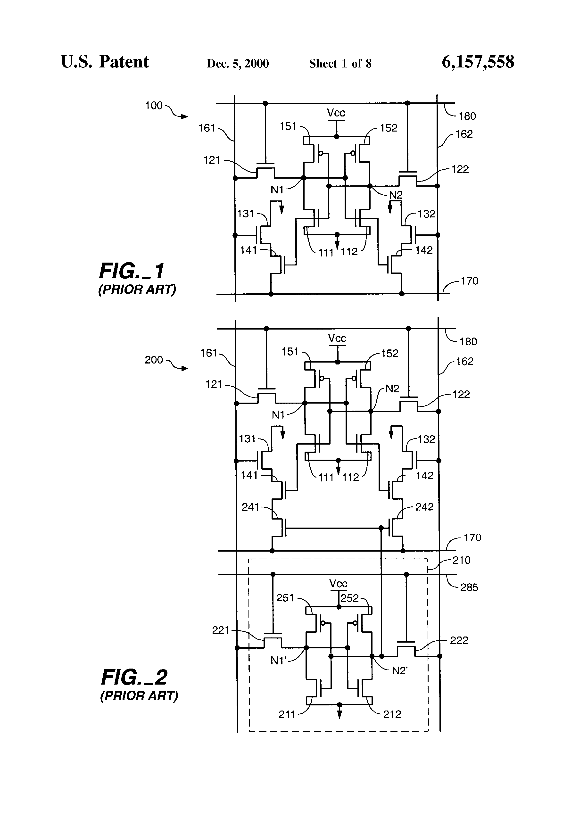 Patent drawing from US 6,157,558, Content addressable memory cell and array architectures having low transistor counts