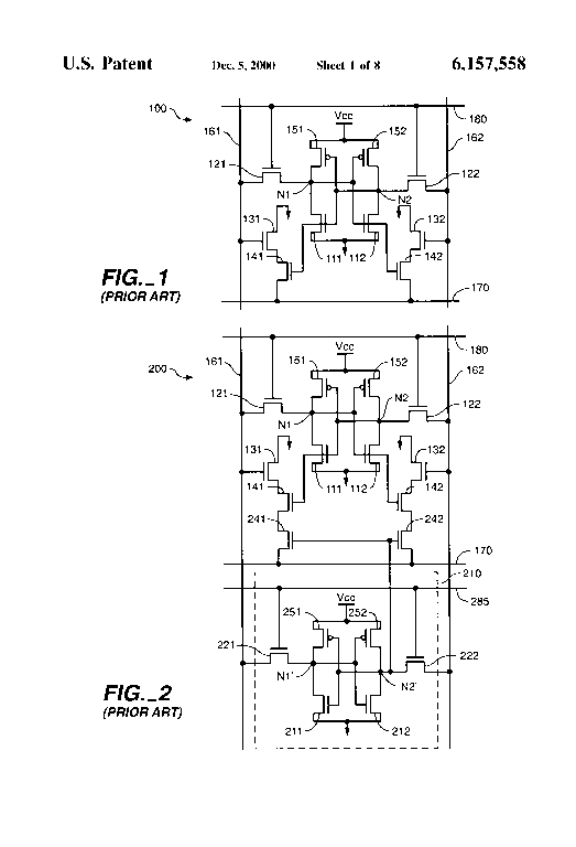 Patent drawing from US 6,157,558, Content addressable memory cell and array architectures having low transistor counts