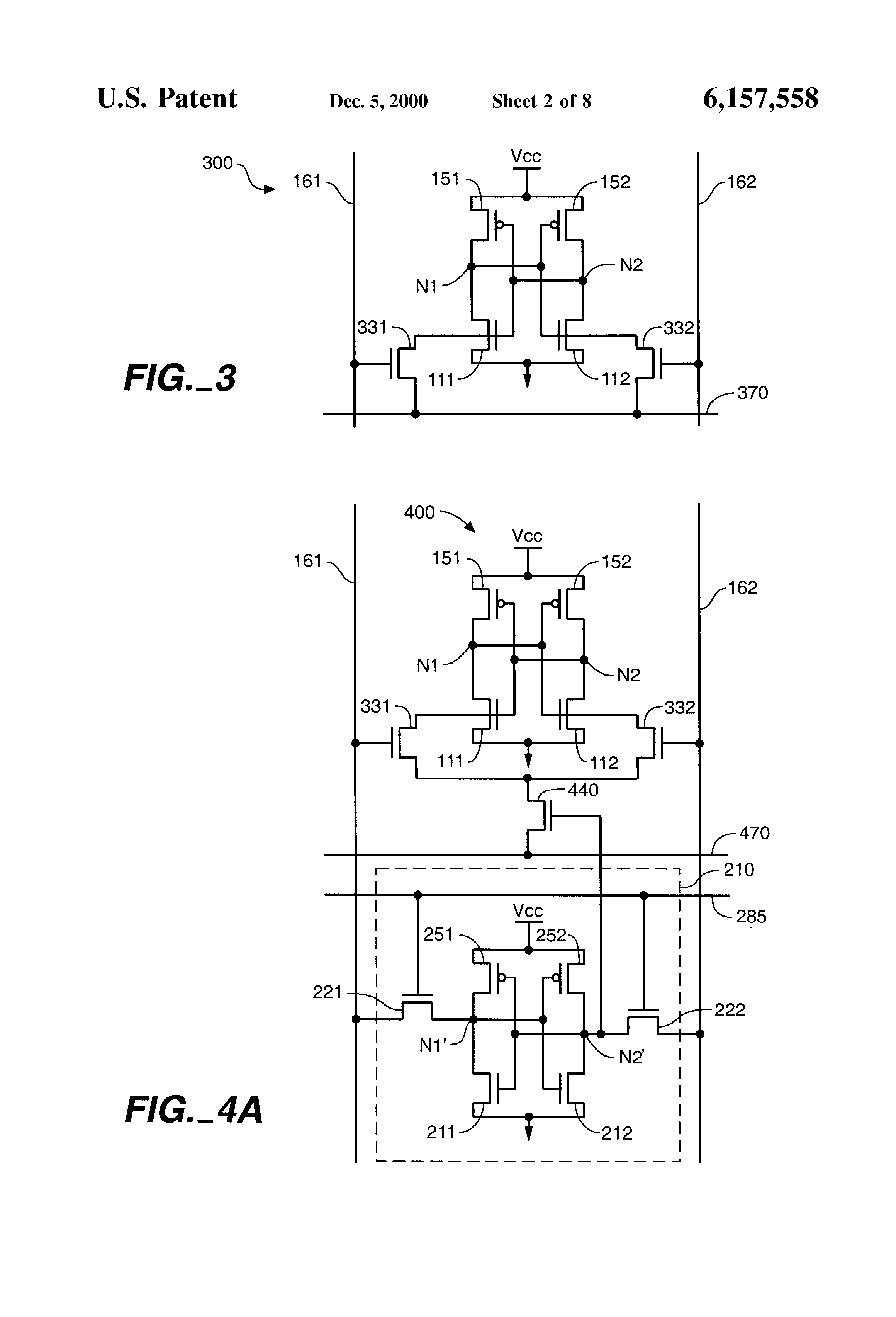 Patent drawing from US 6,157,558, Content addressable memory cell and array architectures having low transistor counts