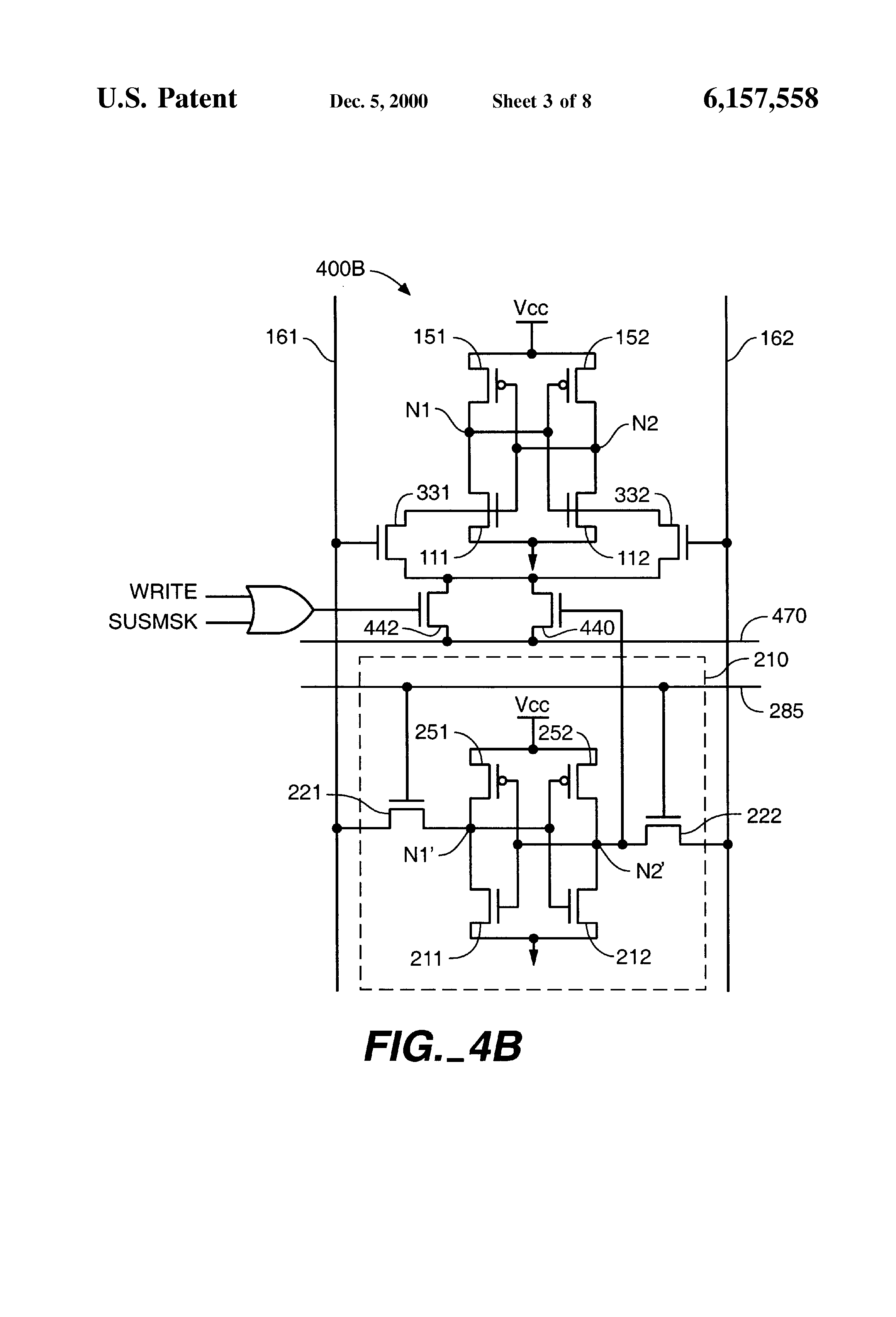 Patent drawing from US 6,157,558, Content addressable memory cell and array architectures having low transistor counts