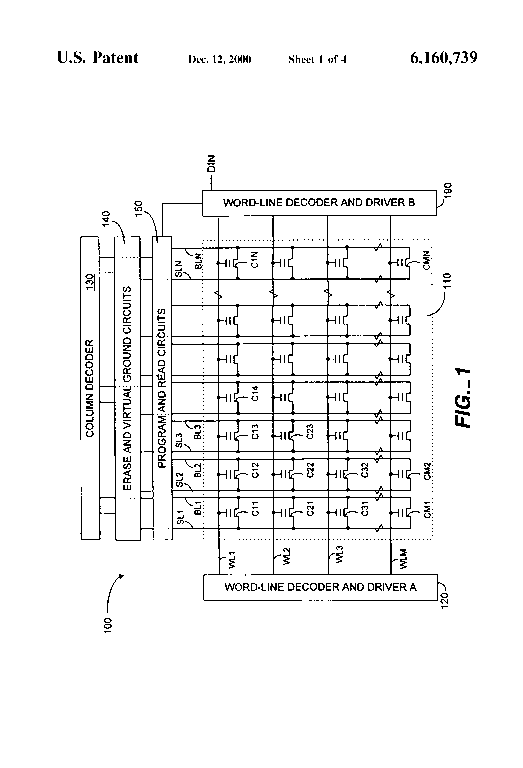 Patent drawing from US 6,160,739, Non-volatile memories with improved endurance and extended lifetime