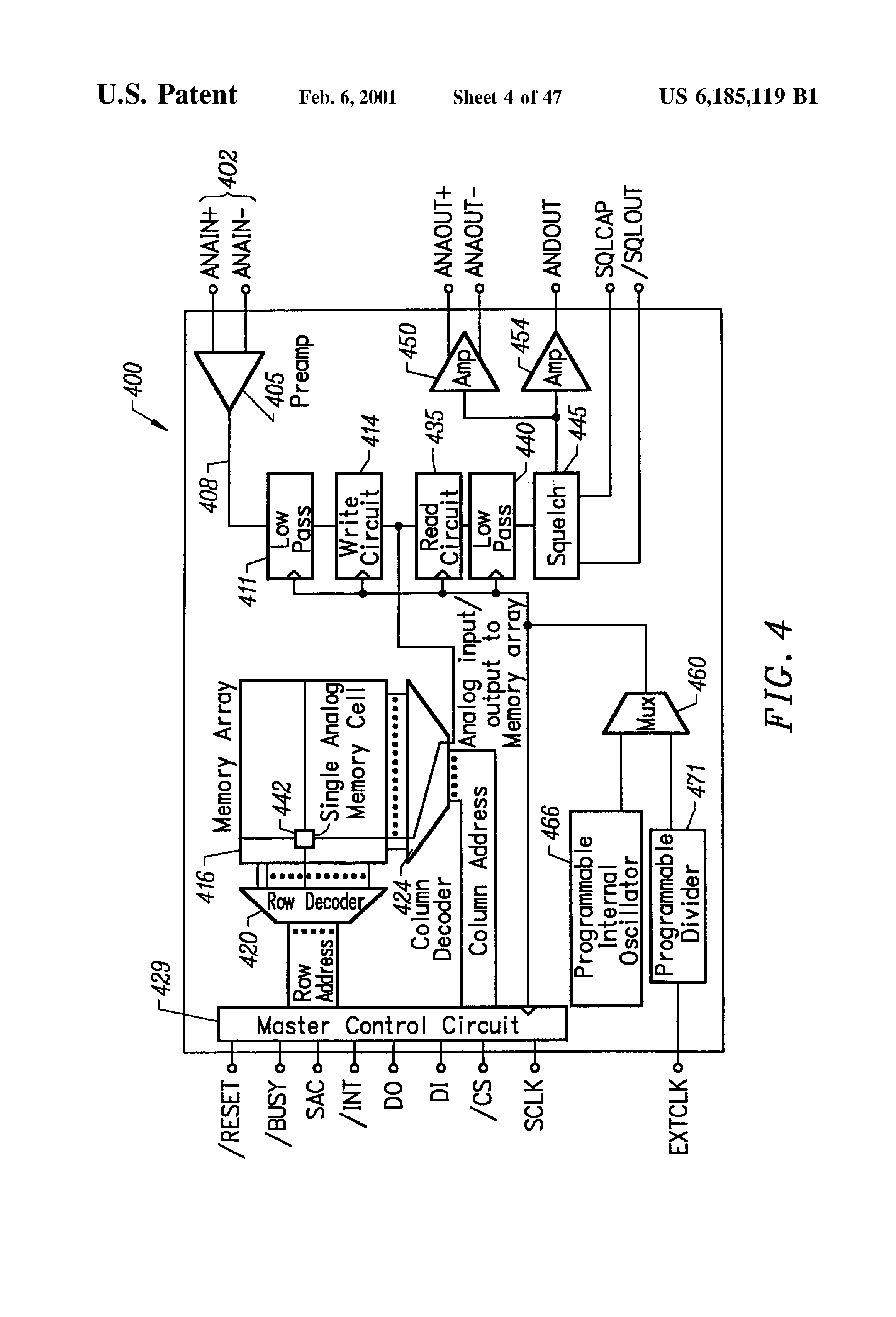 Patent drawing from US 6,185,119, Analog memory IC with fully differential signal path