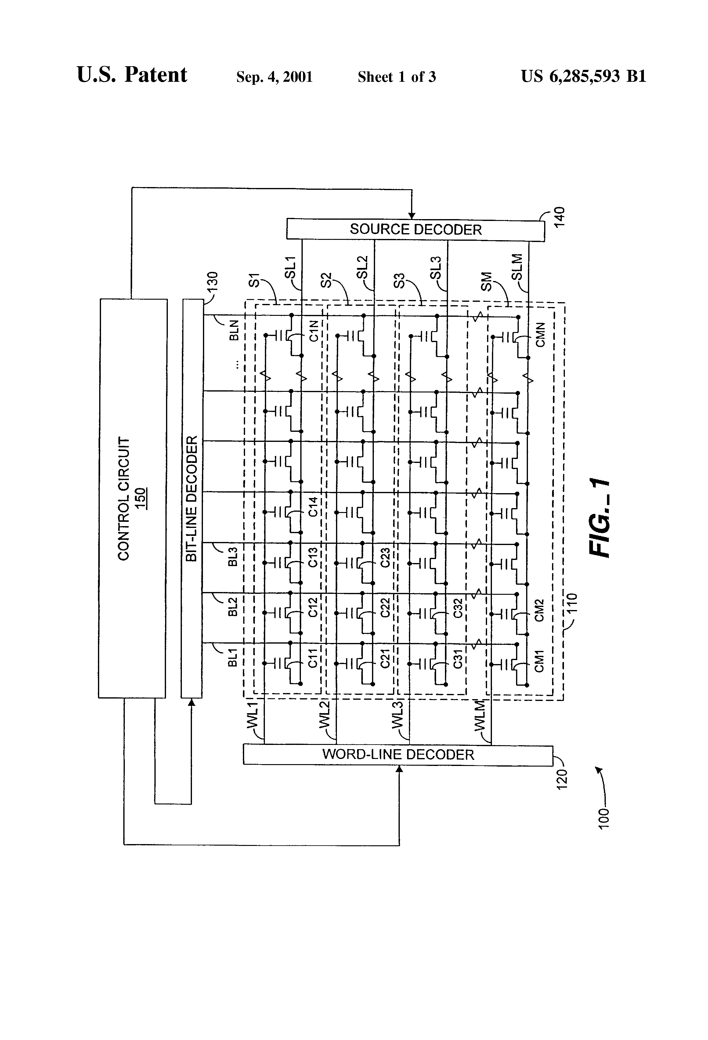 Patent drawing from US 6,285,593, Word-line decoder for multi-bit-per-cell and analog/multi-level memories with improved resolution and signal-to-noise ratio