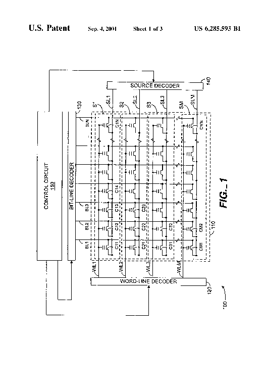 Patent drawing from US 6,285,593, Word-line decoder for multi-bit-per-cell and analog/multi-level memories with improved resolution and signal-to-noise ratio