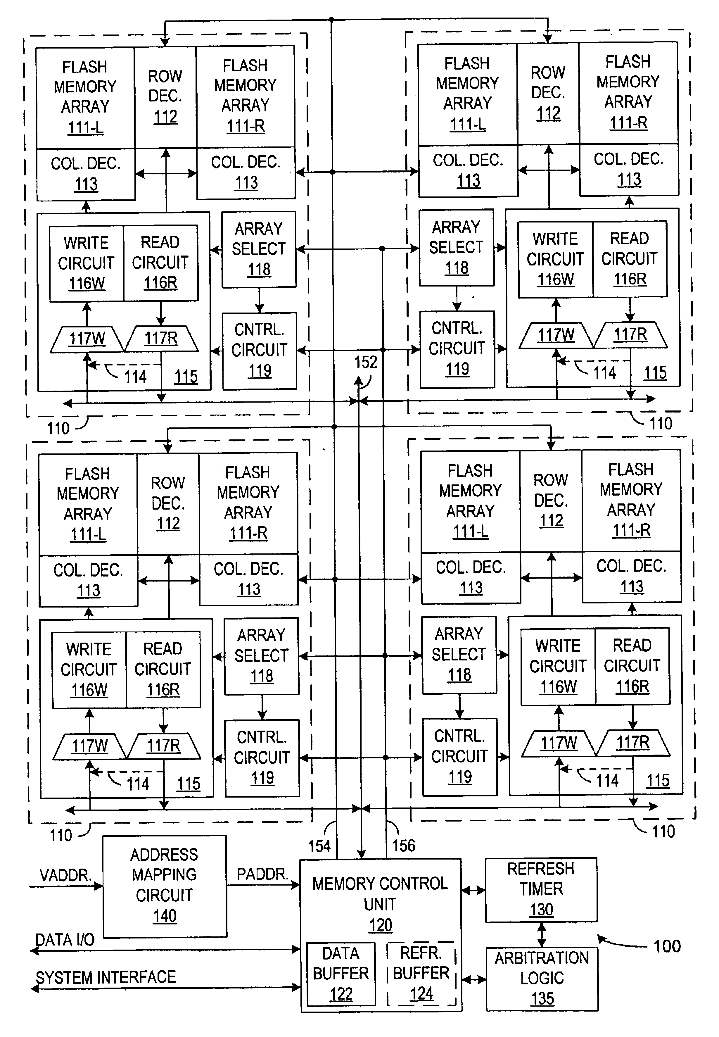 Patent drawing from US 6,754,128, Non-volatile memory operations that change a mapping between physical and logical addresses when restoring data