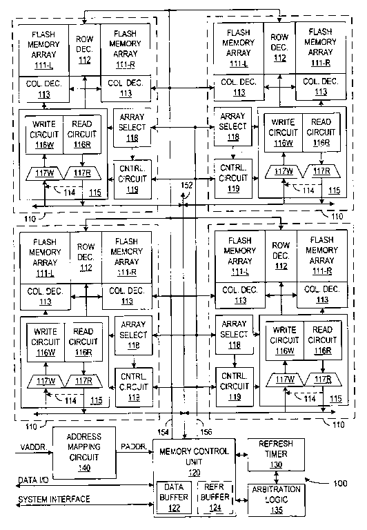 Patent drawing from US 6,754,128, Non-volatile memory operations that change a mapping between physical and logical addresses when restoring data