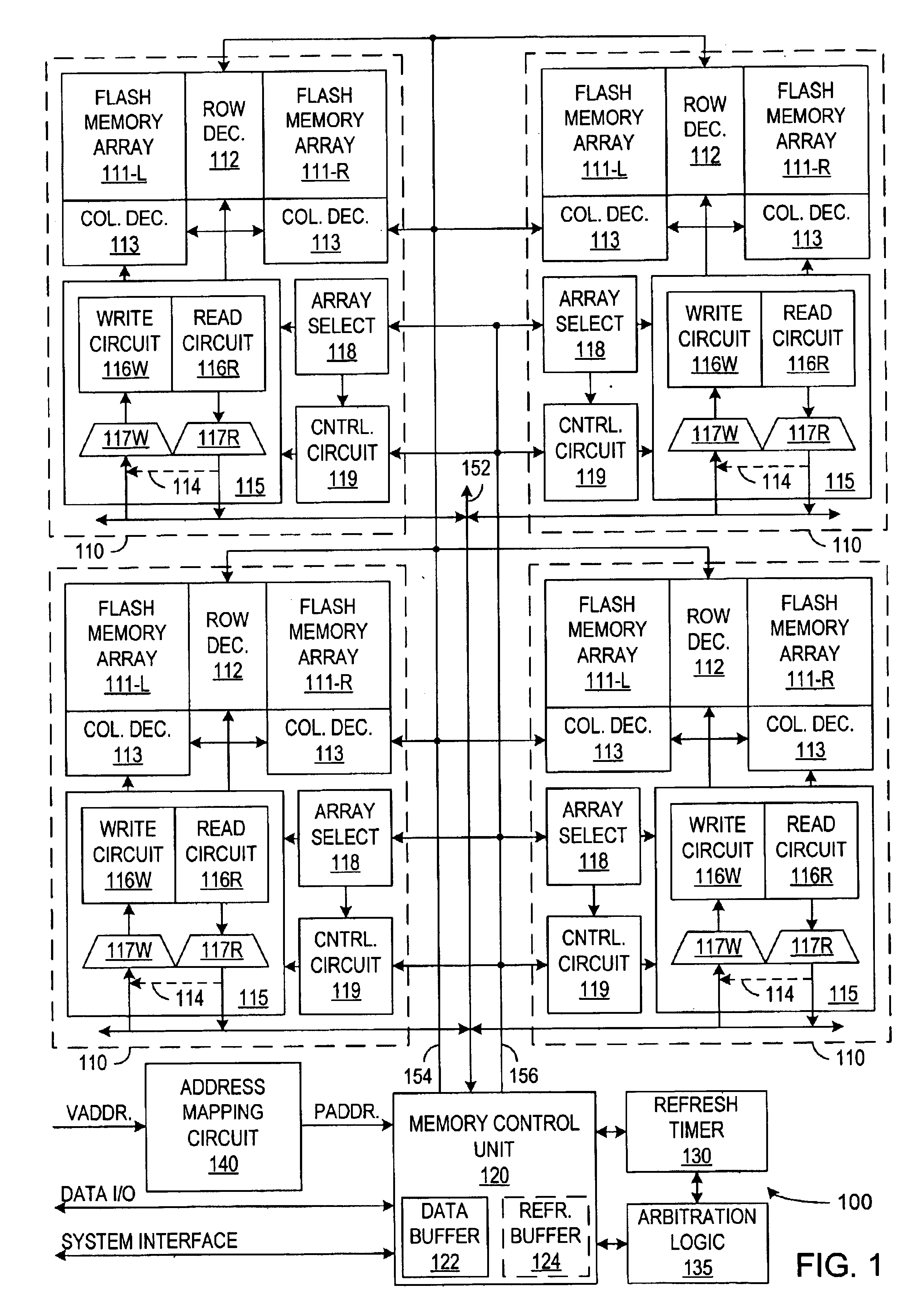 Patent drawing from US 6,754,128, Non-volatile memory operations that change a mapping between physical and logical addresses when restoring data