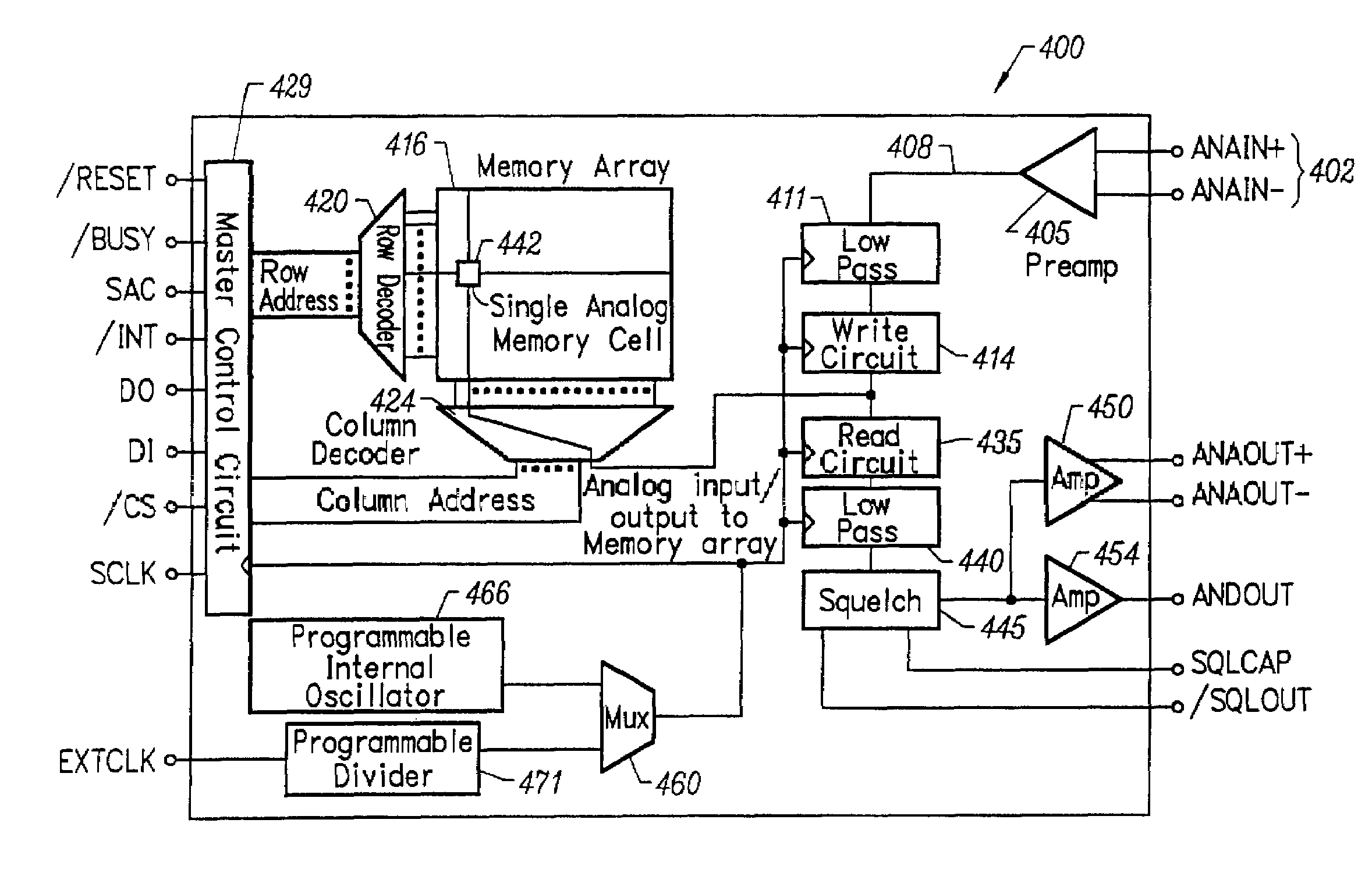 Patent drawing from US 7,298,670, Integrated circuit with analog or multilevel storage cells and user-selectable sampling frequency
